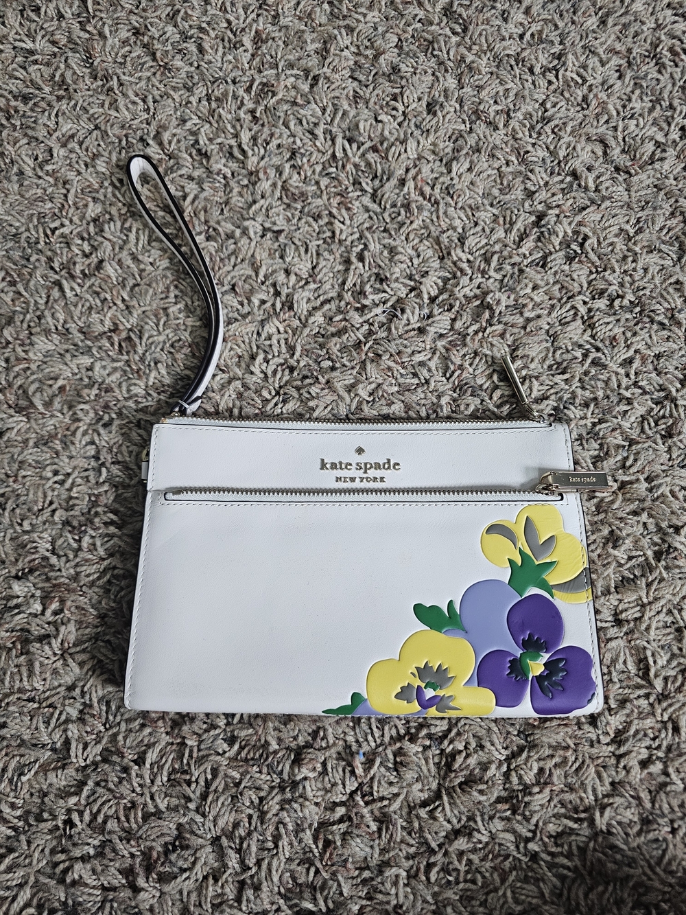 kate spade White Leather Floral Wristlet Clutch with Yellow & Purple Appliqué